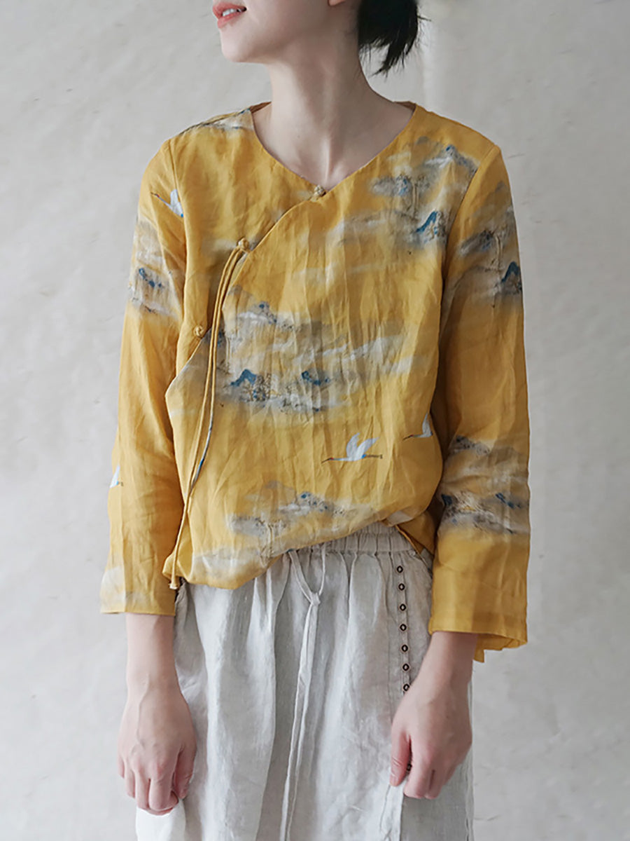 Camicia da donna vintage floreale con motivo ramiè inclinato