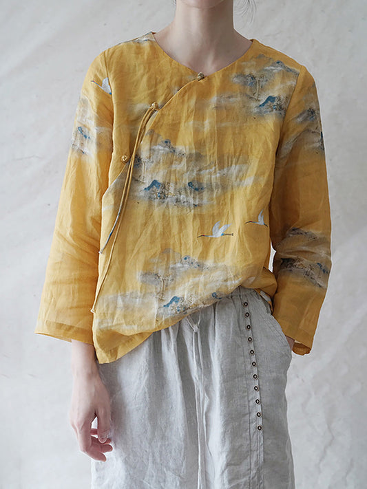 Camicia da donna vintage floreale con motivo ramiè inclinato