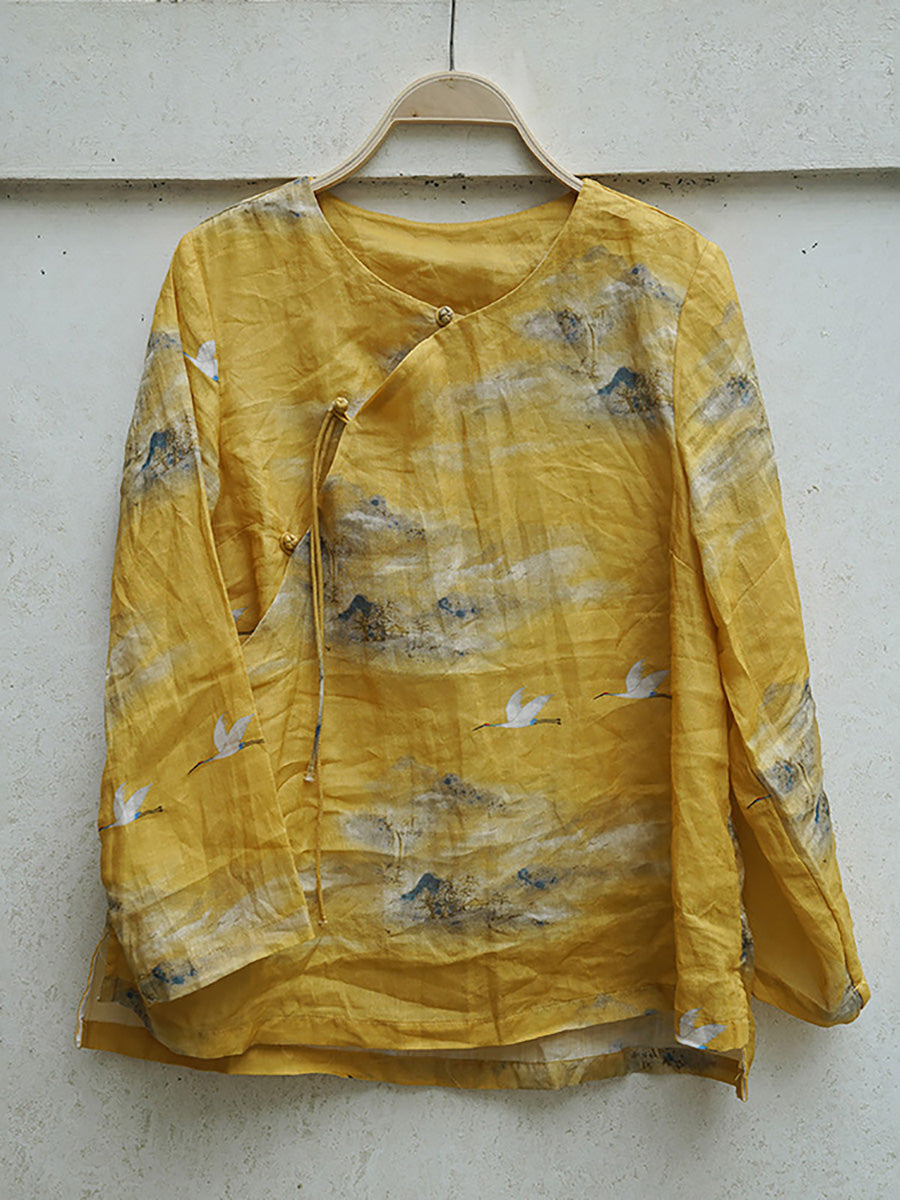Camicia da donna vintage floreale con motivo ramiè inclinato