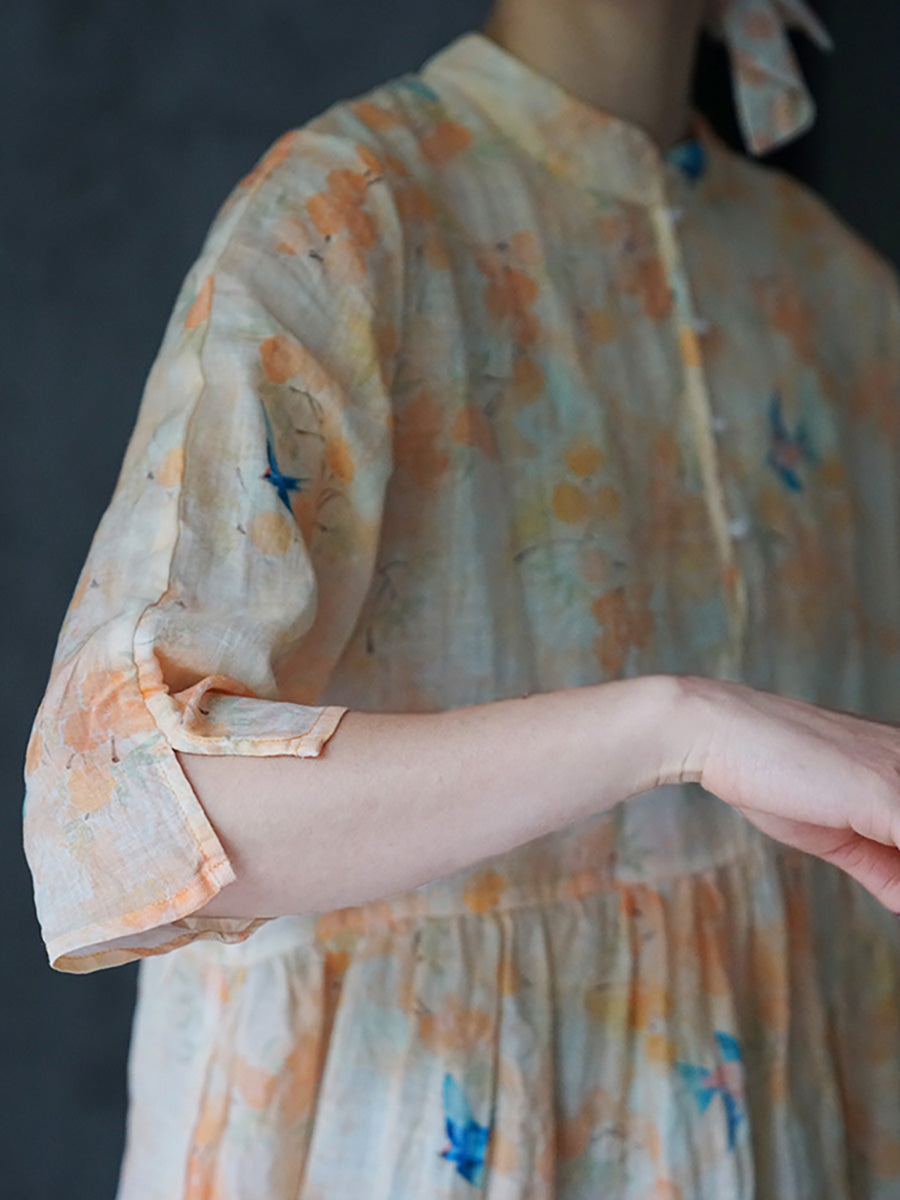 Ramie Floral Vintage Women Summer Loose Dress