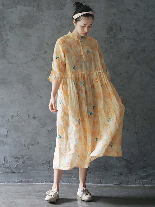 Ramie Floral Vintage Women Summer Loose Dress