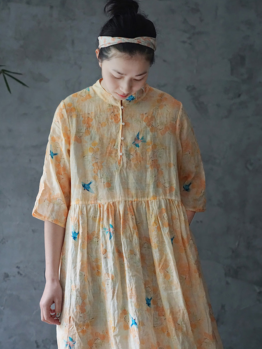 Ramie Floral Vintage Women Summer Loose Dress