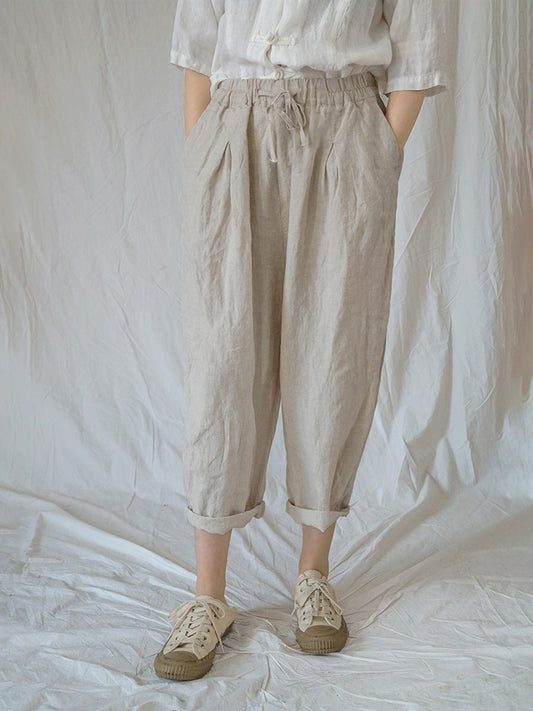 Pantaloni harem estivi da donna in lino con coulisse