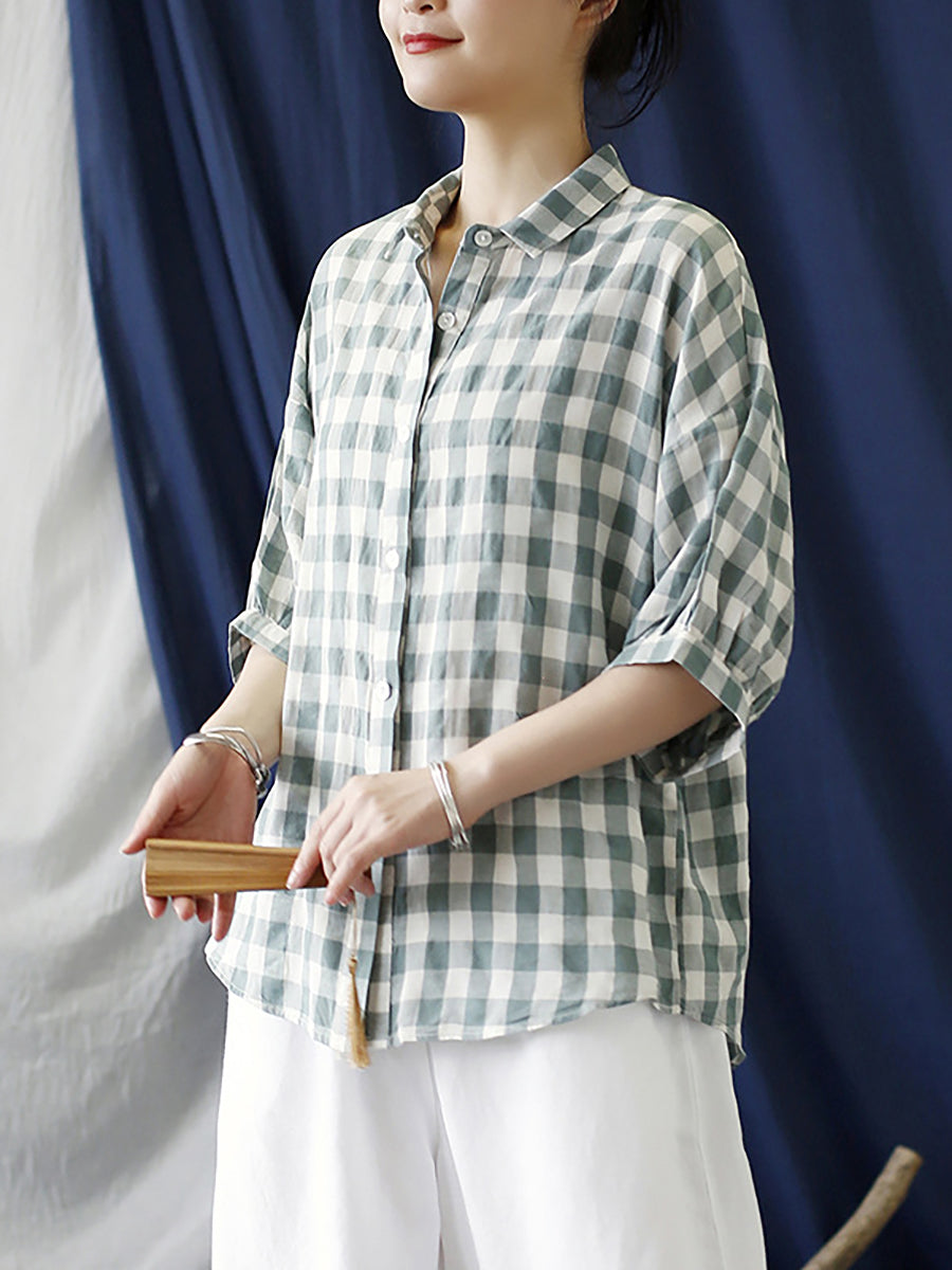 Camicia da donna vintage a quadri estivi in ​​lino