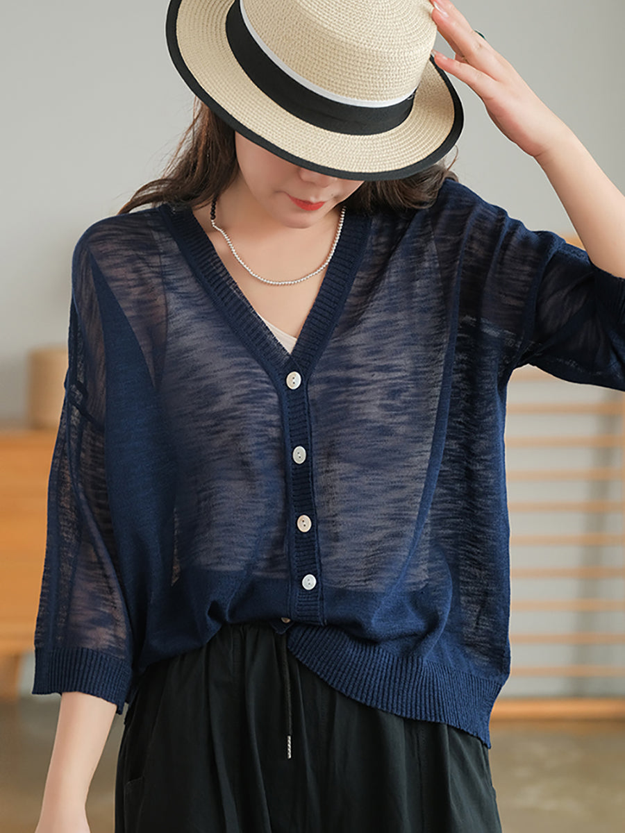 Camicia casual in maglia larga con scollo a V estiva da donna
