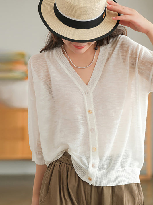 Camicia casual in maglia larga con scollo a V estiva da donna