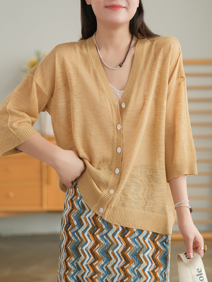 Camicia casual in maglia larga con scollo a V estiva da donna