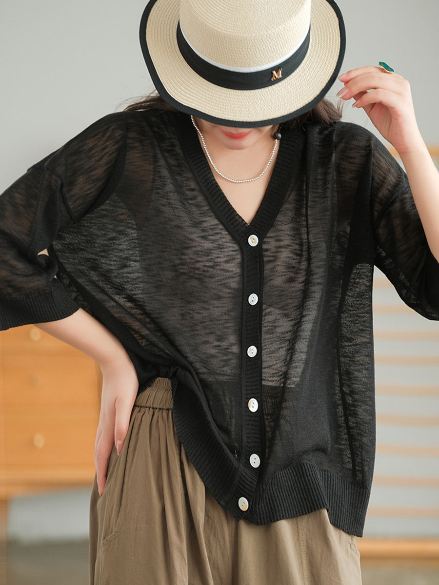Camicia casual in maglia larga con scollo a V estiva da donna