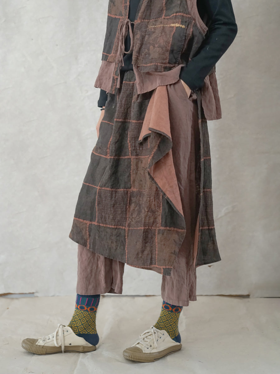 Pantaloni estivi vintage da donna in lino patchwork