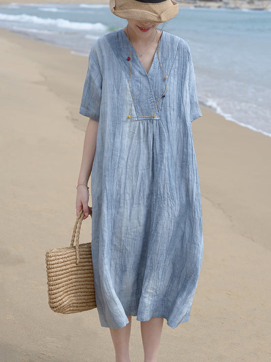 Abito da donna in lino vintage con scollo a V e ampio