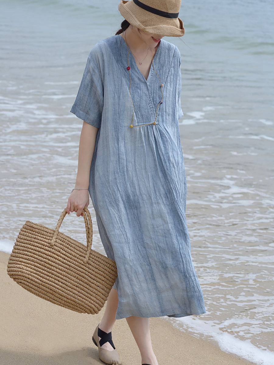 Abito da donna in lino vintage con scollo a V e ampio