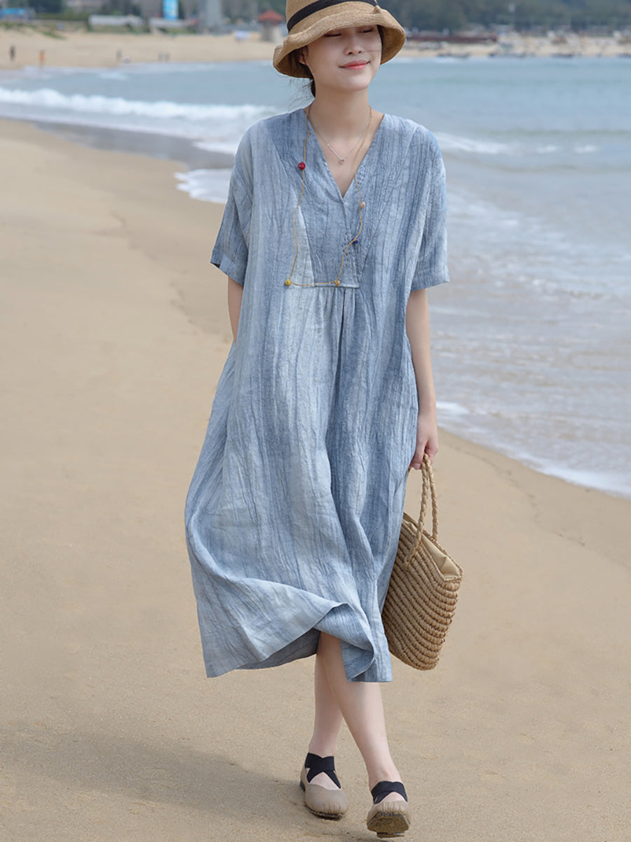 Abito da donna in lino vintage con scollo a V e ampio