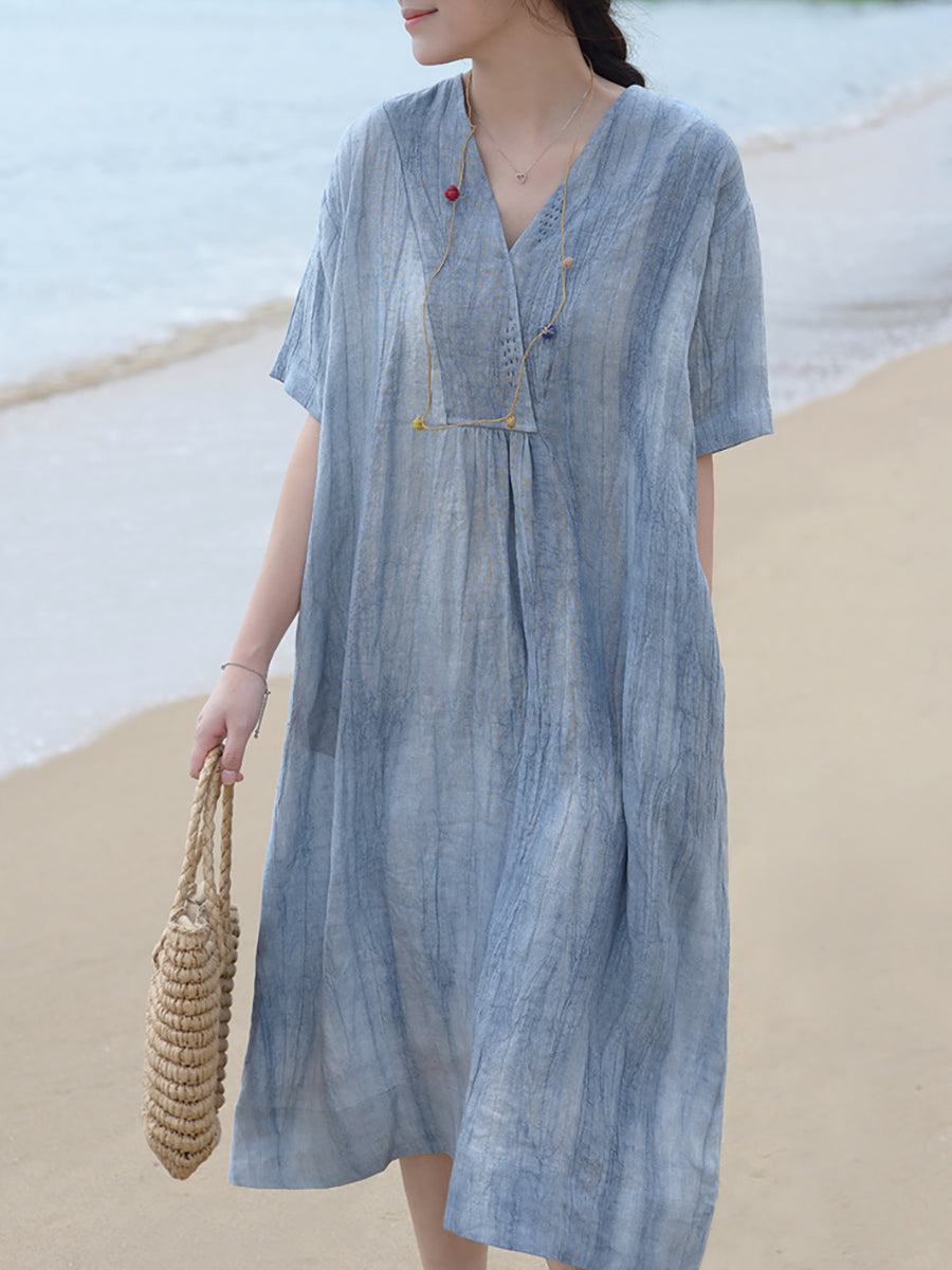 Abito da donna in lino vintage con scollo a V e ampio