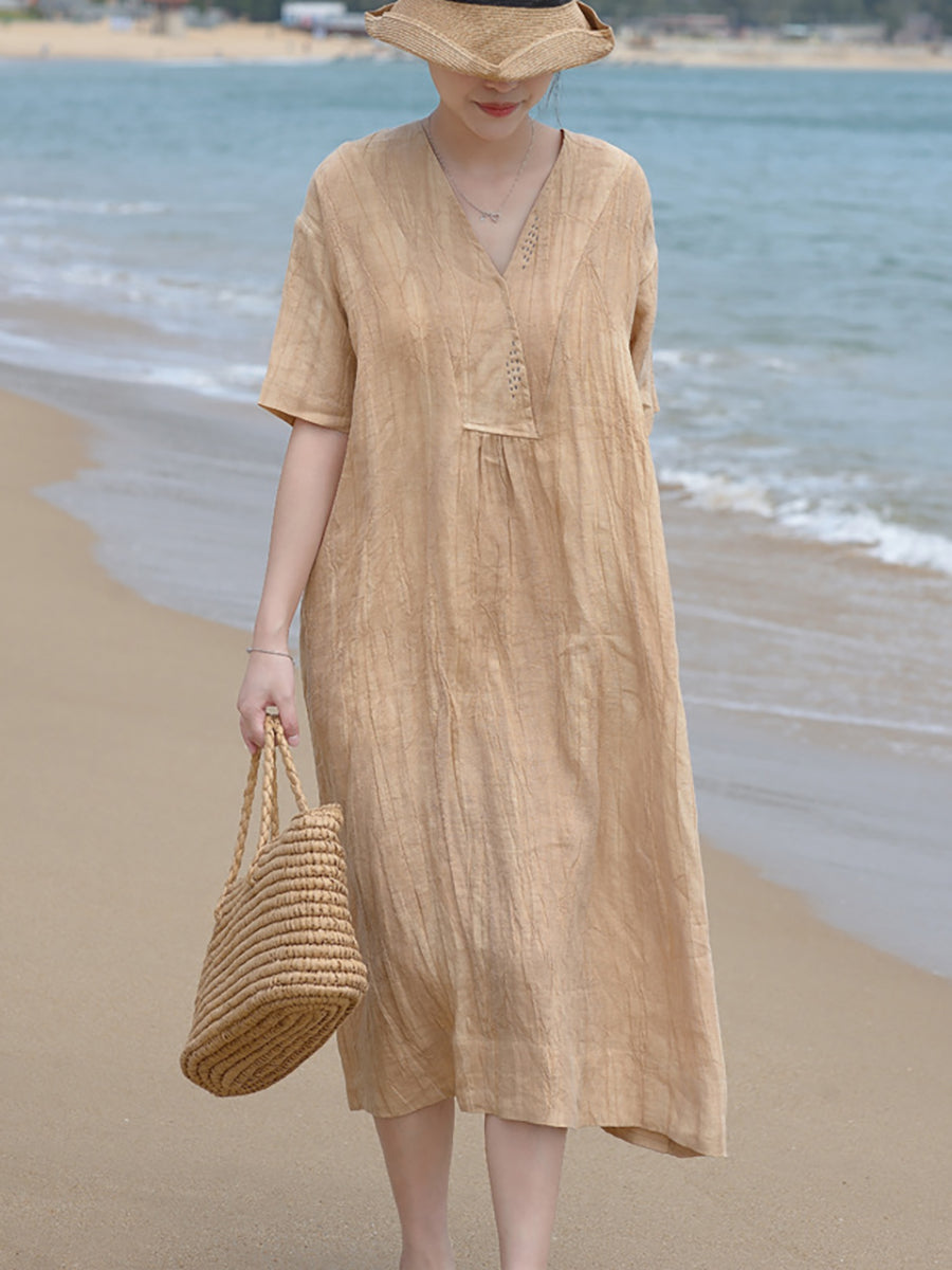 Abito da donna in lino vintage con scollo a V e ampio