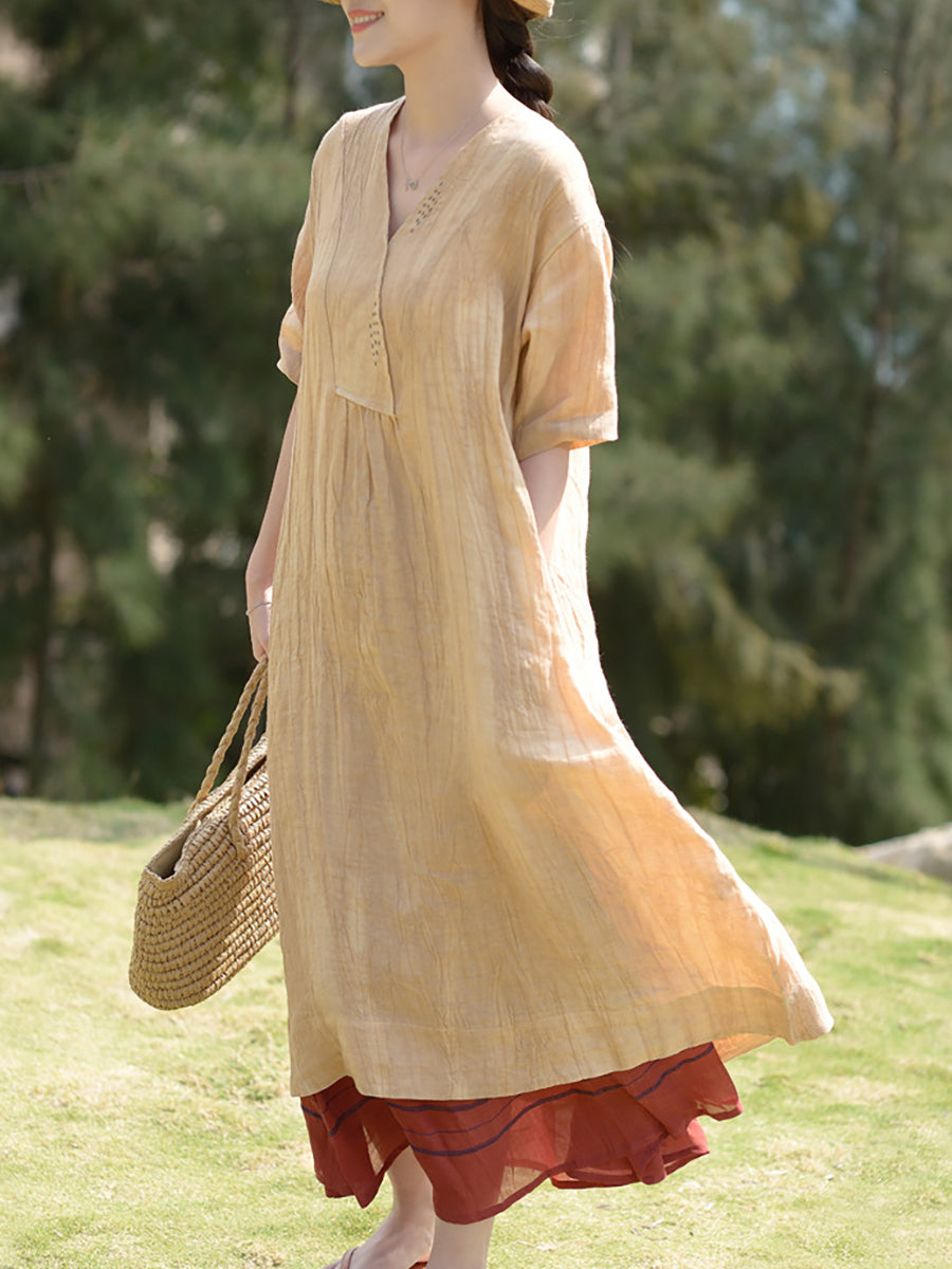 Abito da donna in lino vintage con scollo a V e ampio