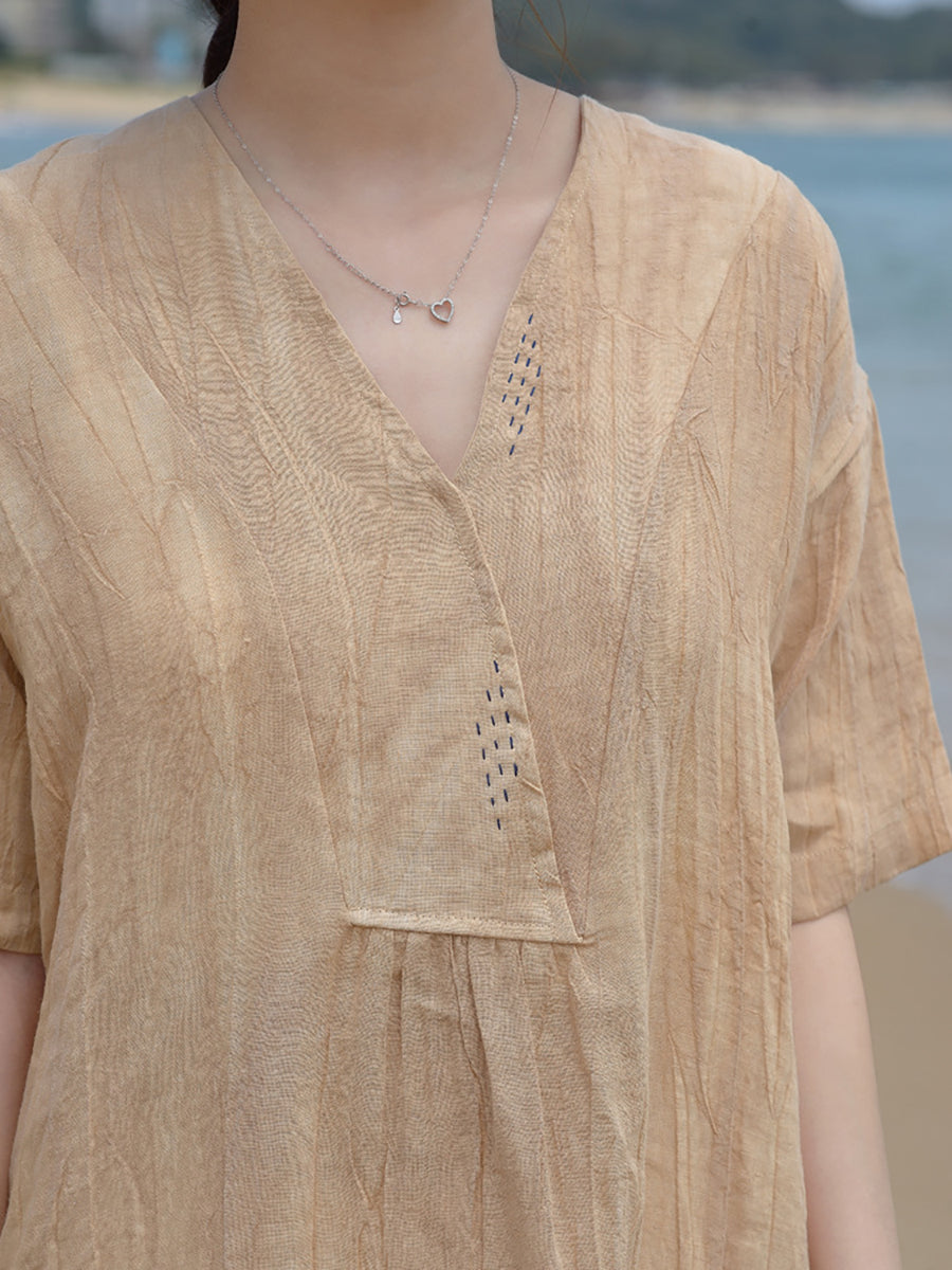 Abito da donna in lino vintage con scollo a V e ampio