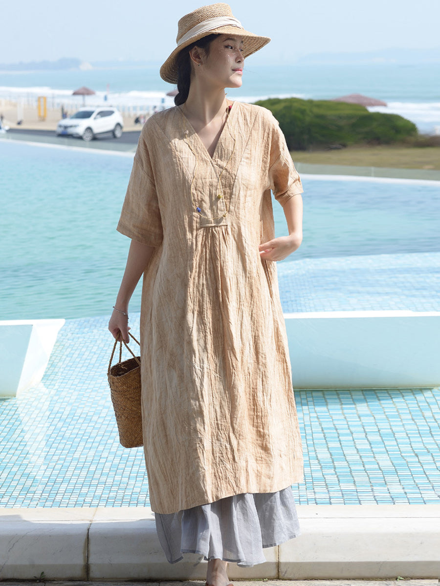 Abito da donna in lino vintage con scollo a V e ampio