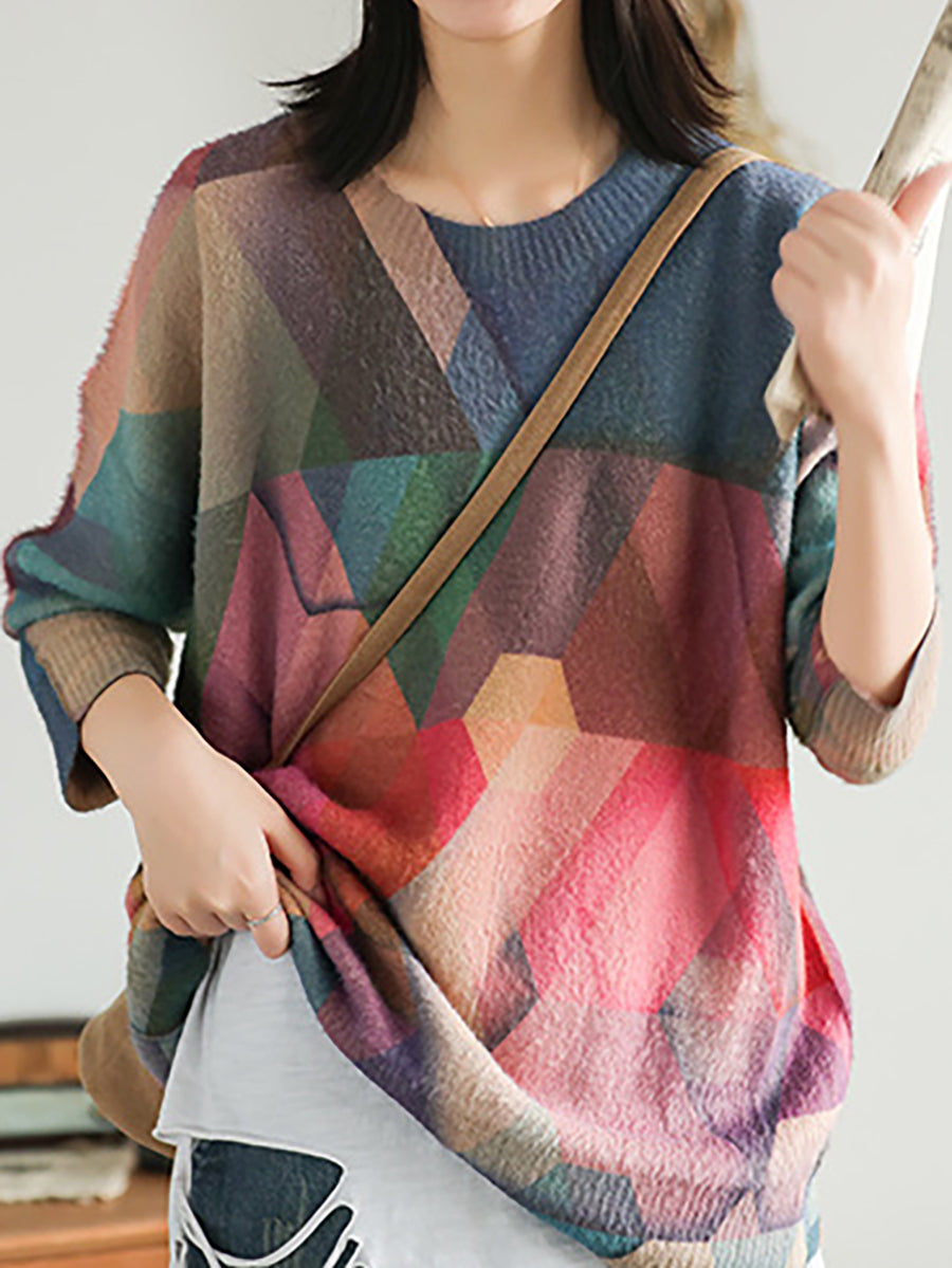 Maglione largo vintage da donna con geometria autunnale