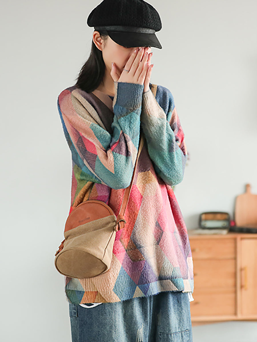 Maglione largo vintage da donna con geometria autunnale