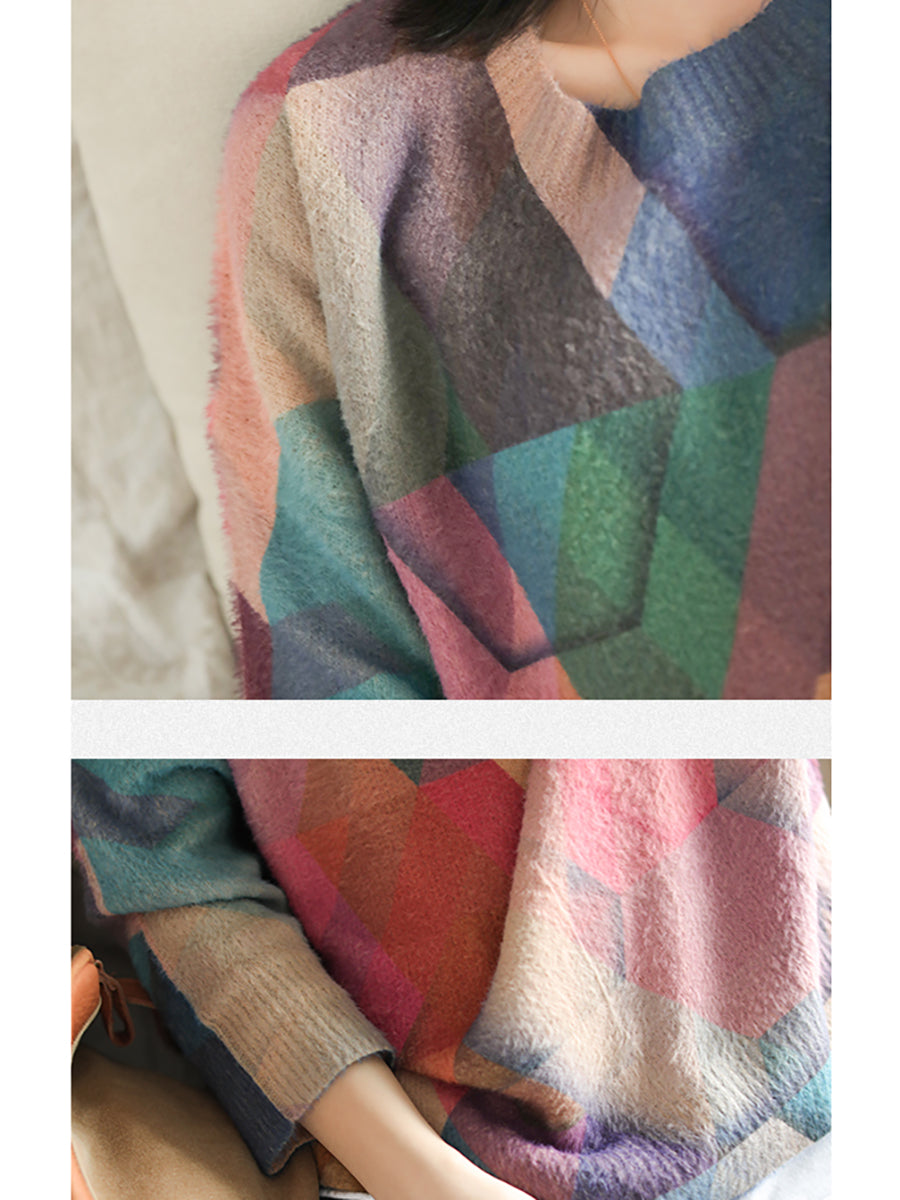 Maglione largo vintage da donna con geometria autunnale