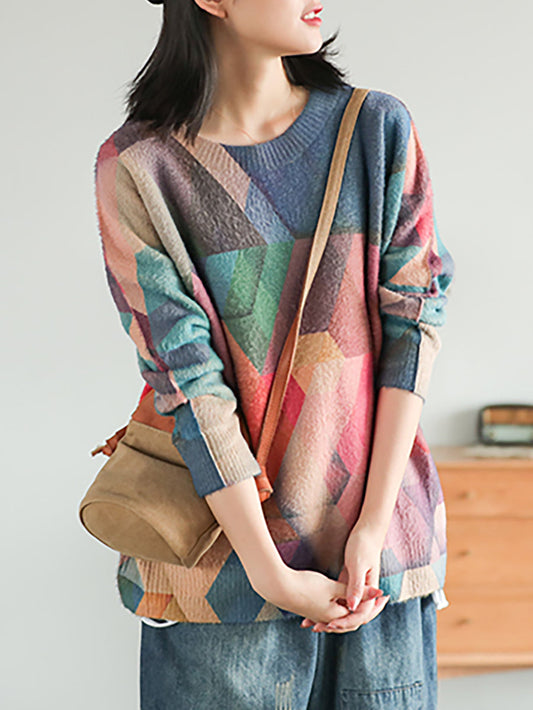 Maglione largo vintage da donna con geometria autunnale