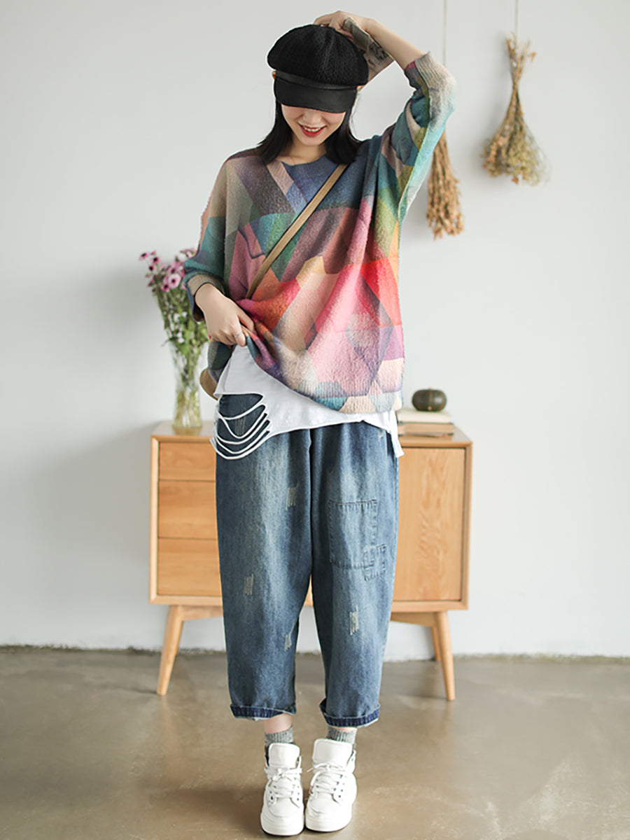 Maglione largo vintage da donna con geometria autunnale
