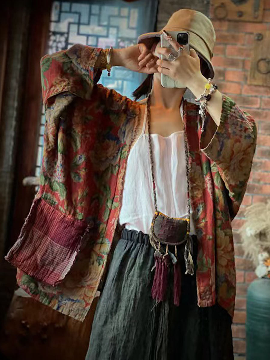 Camicia vintage ampia da donna con stampa floreale autunnale