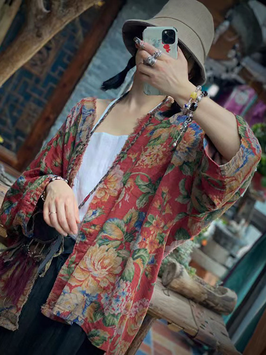 Camicia vintage ampia da donna con stampa floreale autunnale