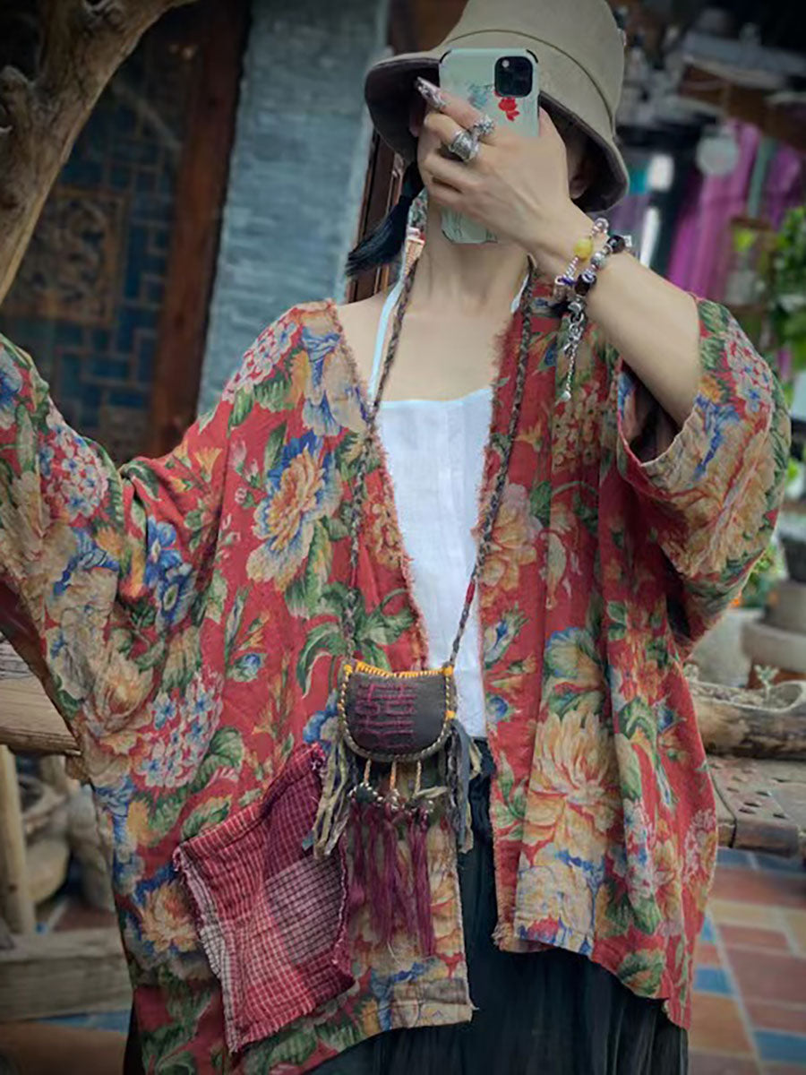Camicia vintage ampia da donna con stampa floreale autunnale