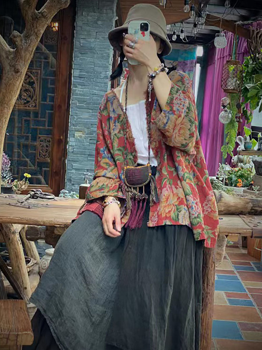Camicia vintage ampia da donna con stampa floreale autunnale