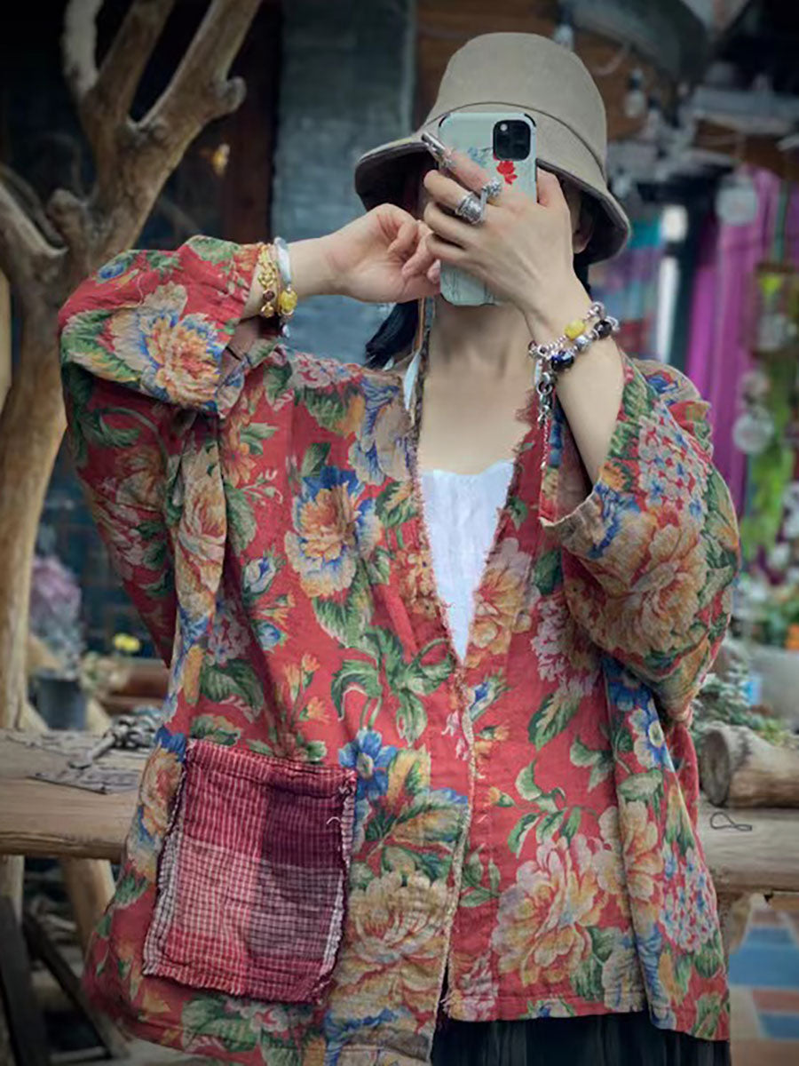 Camicia vintage ampia da donna con stampa floreale autunnale
