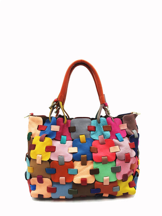Borsa a mano in vera pelle con motivo a quadri, da donna, alla moda