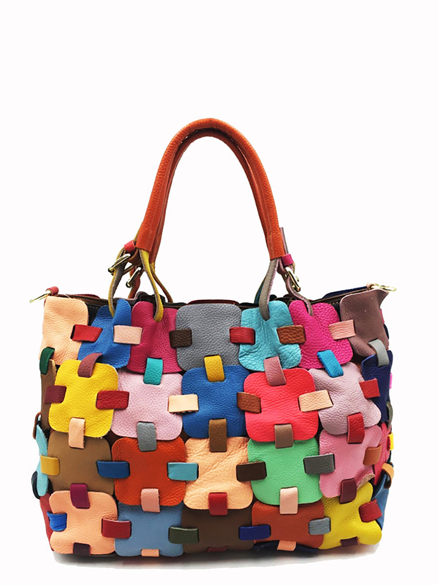 Borsa a mano in vera pelle con motivo a quadri, da donna, alla moda