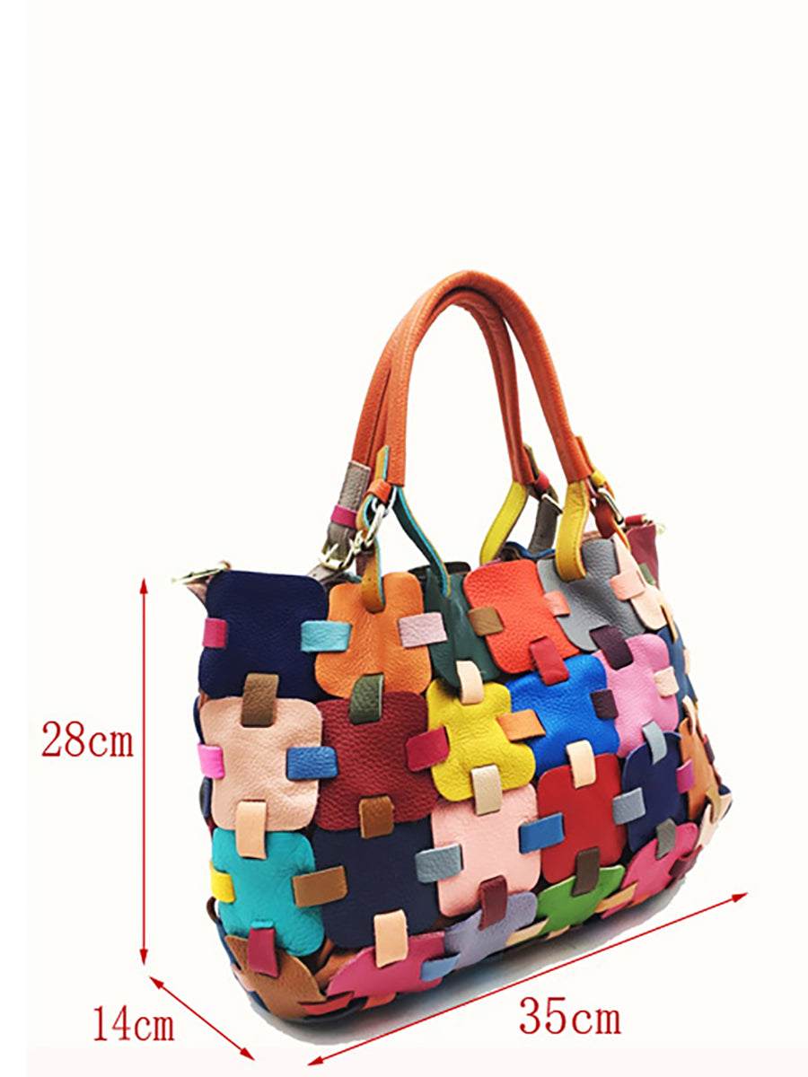 Borsa a mano in vera pelle con motivo a quadri, da donna, alla moda