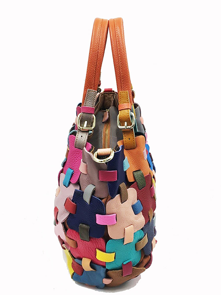Borsa a mano in vera pelle con motivo a quadri, da donna, alla moda