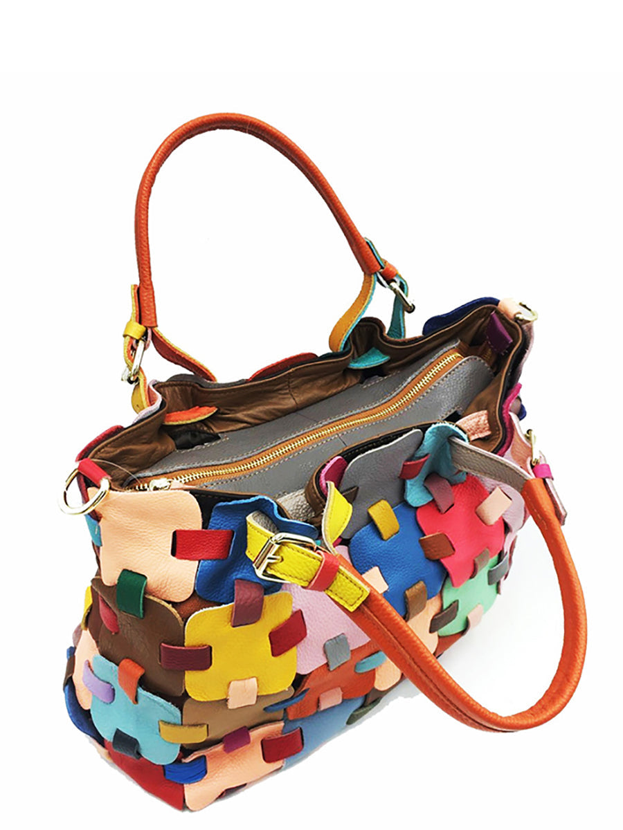 Borsa a mano in vera pelle con motivo a quadri, da donna, alla moda