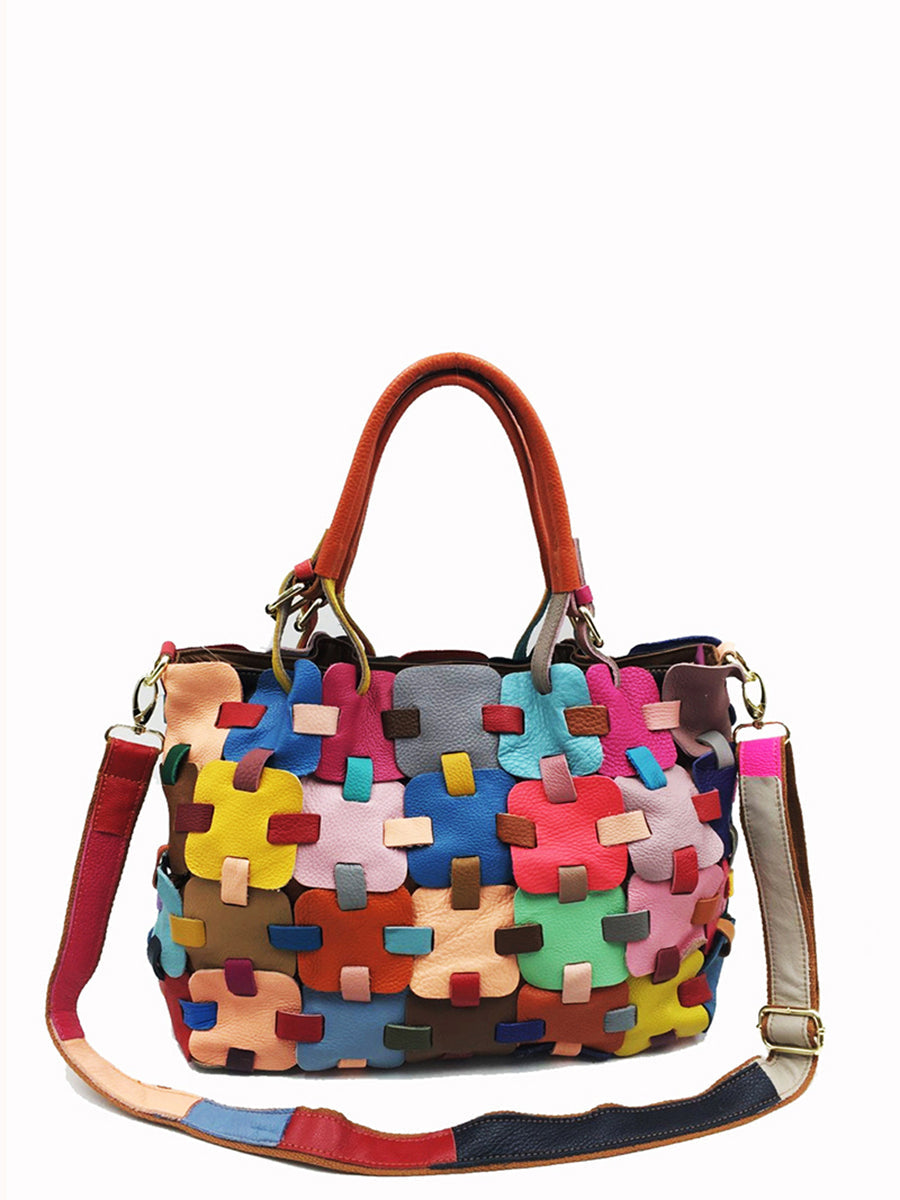 Borsa a mano in vera pelle con motivo a quadri, da donna, alla moda
