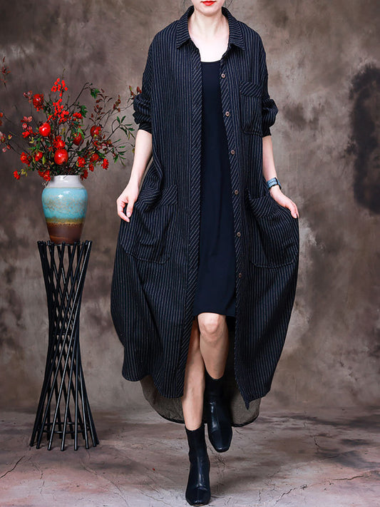 Women Cotton Striped Irregular Long Jacket