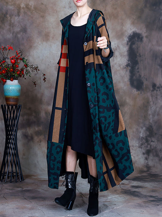Cappotto da donna con cappuccio irregolare stampato a quadri