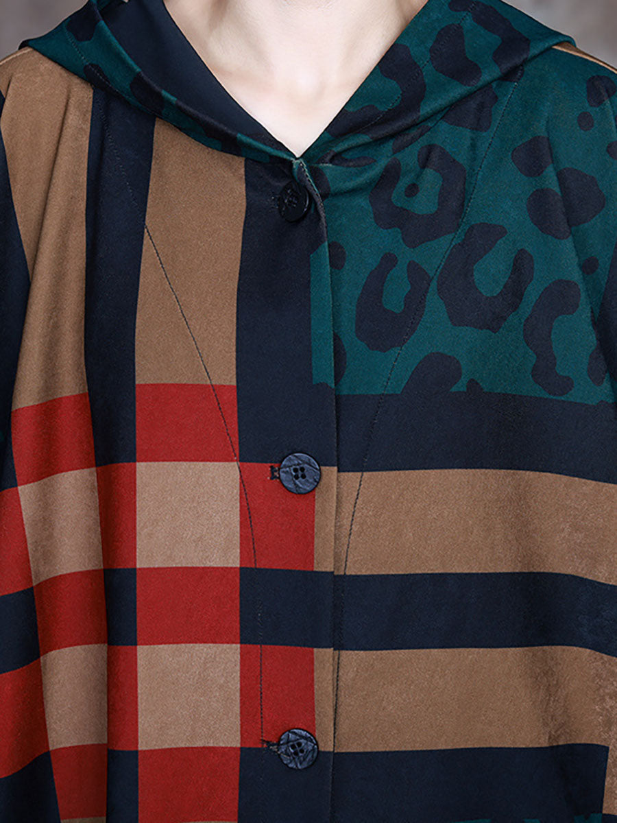 Manteau à carreaux à capuche irrégulier pour femme
