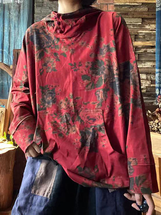 Maglietta con cappuccio in cotone con stampa vintage da donna