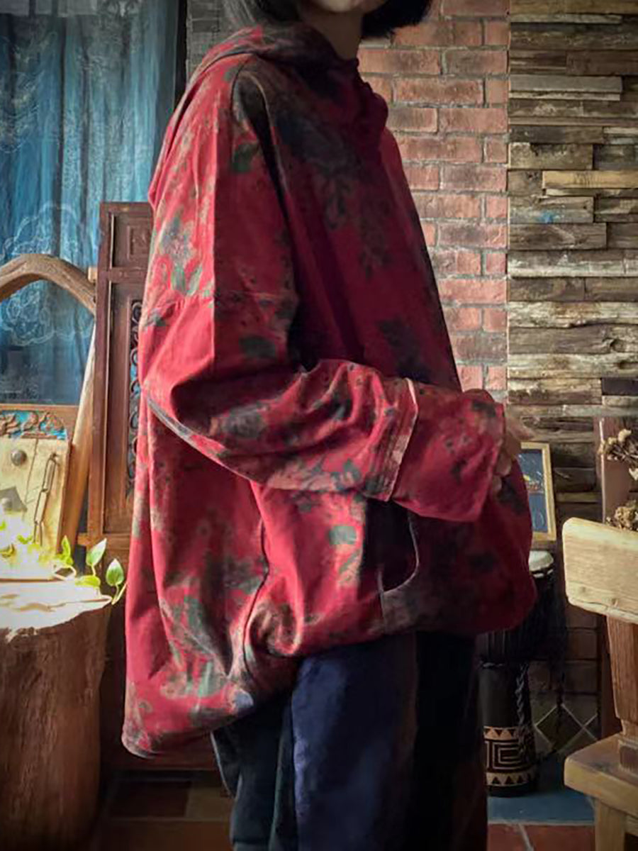 Maglietta con cappuccio in cotone con stampa vintage da donna