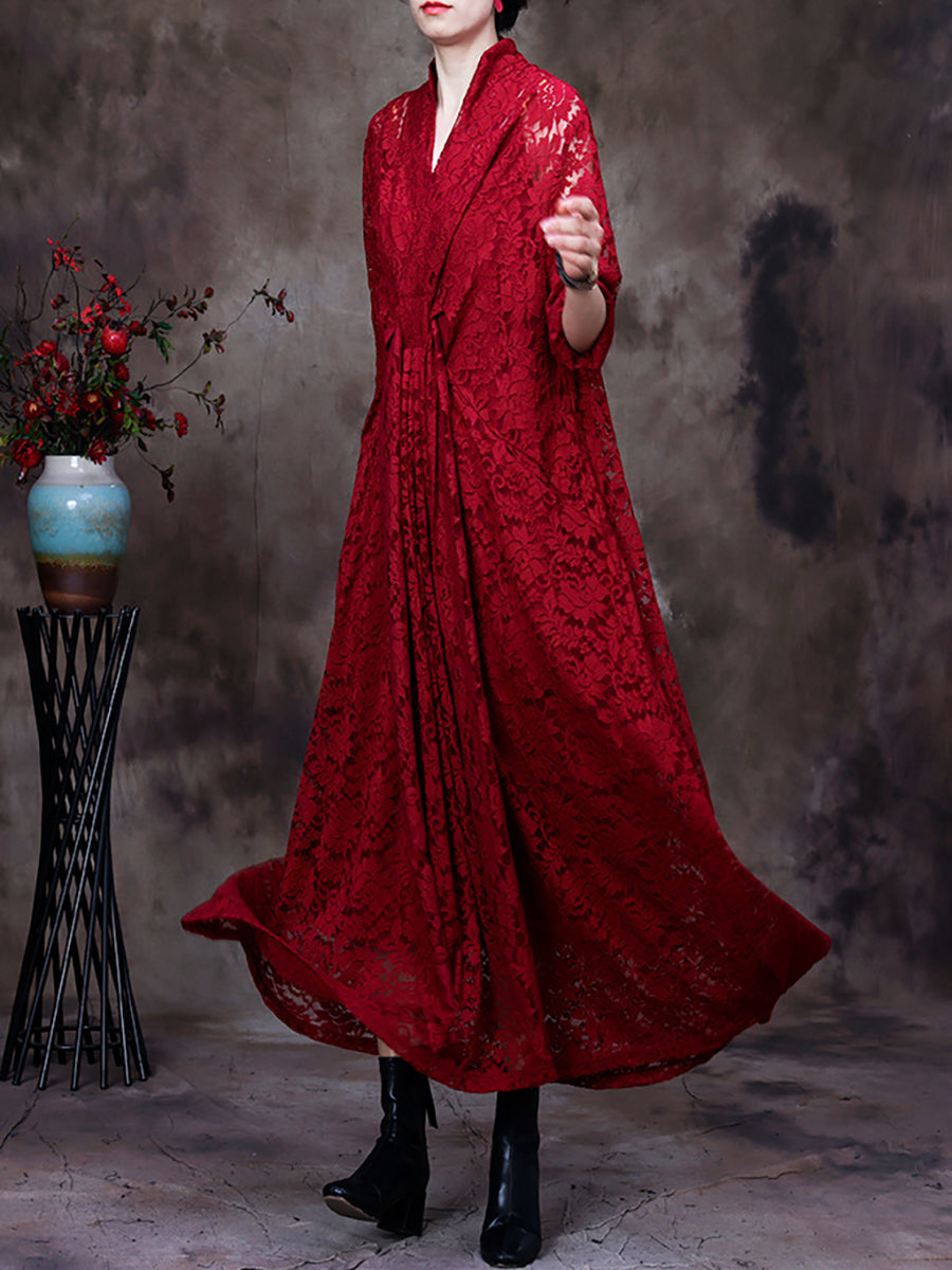 Women Lace VNeck Belt Irregular Dress