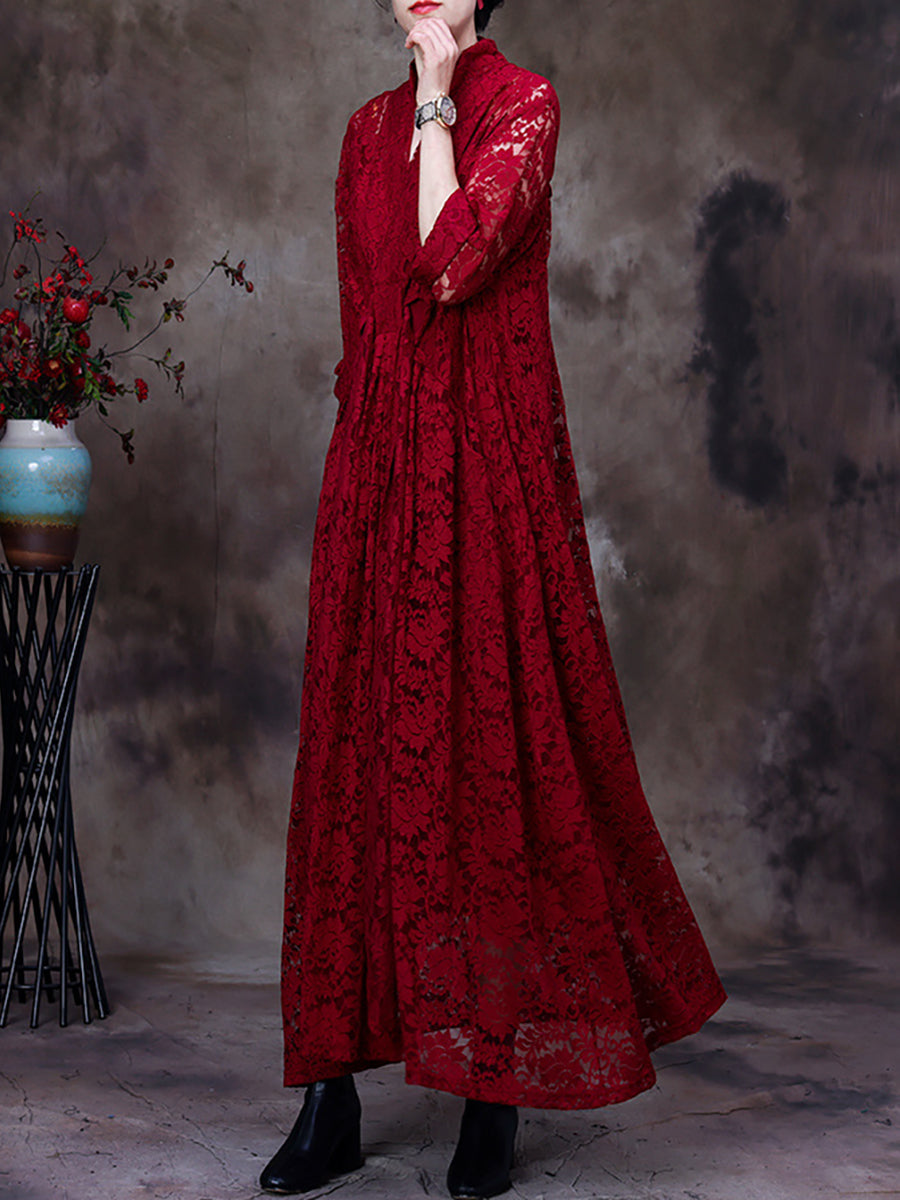 Women Lace VNeck Belt Irregular Dress