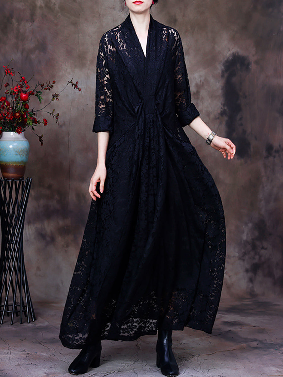 Women Lace VNeck Belt Irregular Dress