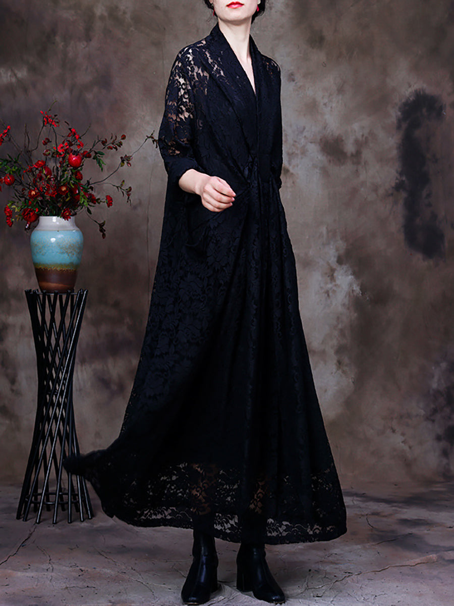 Women Lace VNeck Belt Irregular Dress