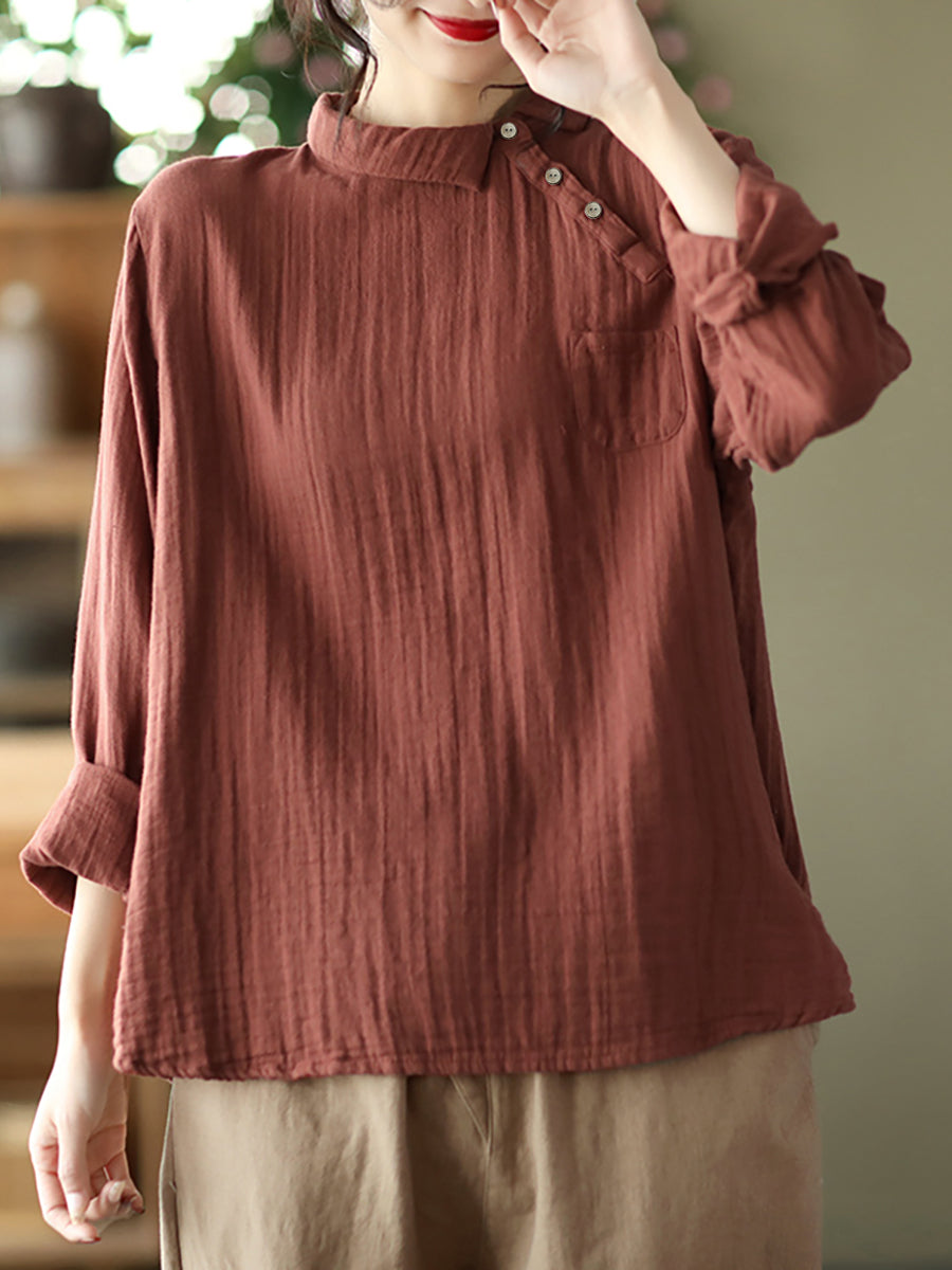 Camicia da donna vintage in cotone a maniche lunghe oblique