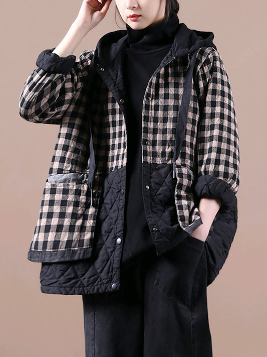 Cappotto imbottito con cappuccio colorblock a quadri in stile coreano da donna
