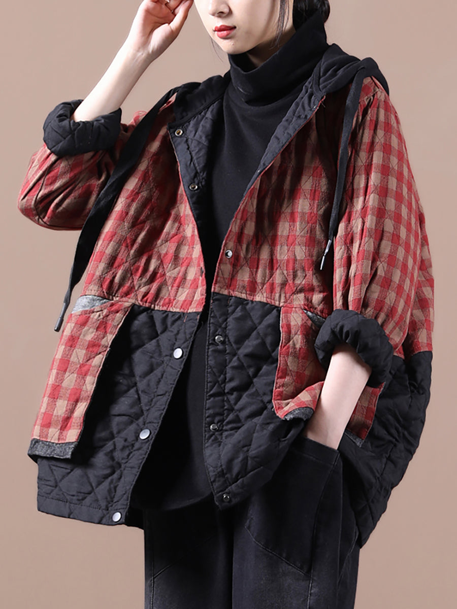 Cappotto imbottito con cappuccio colorblock a quadri in stile coreano da donna