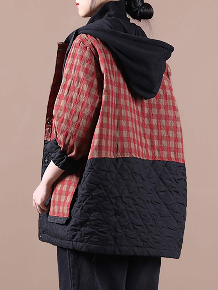 Cappotto imbottito con cappuccio colorblock a quadri in stile coreano da donna